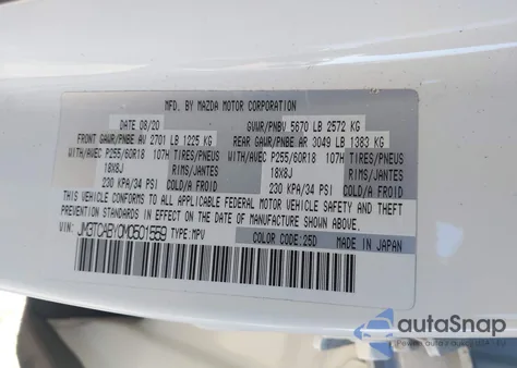 2021 Mazda Cx-9 Sport z USA, uszkodzony, nr VIN JM3TCABY0M0501559